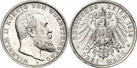 Alemania. Württemberg. 1912. Guillermo II. F (Stuttgart). 3 marcos. (Kr. 635). Limpiada. AG. 16,64 g. EBC+.