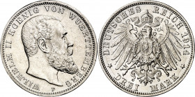 Alemania. Württemberg. 1914. Guillermo II. F (Stuttgart). 3 marcos. (Kr. 635). Limpiada. AG. 16,65 g. EBC+.