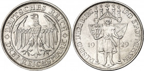 Alemania. 1929. E (Muldenhutten). 3 marcos. (Kr. 65). Milenario de Meissen. Limpiada. Escasa. AG. 14,94 g. EBC+.