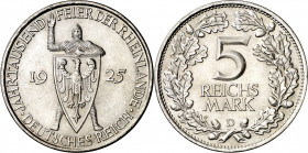 Alemania. 1925. D (Múnich). 5 marcos. (Kr. 47). Milenario de Renania. Limpiada. Escasa. AG. 24,94 g. EBC+.