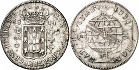 Brasil. 1814. Juan, Príncipe regente. B (Bahía). 960 reis. (Kr. 307.1). Sobre 8 reales de Carlos IV, 1807 de Lima JP. Ex Áureo 26/01/1999, nº 1812. AG...