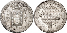 Brasil. 1816. Juan, Príncipe regente. R (Río). 960 reis. (Kr. 307.3). Acuñada sobre un 8 reales de 1816 Lima JP. Ex Áureo 07/03/2001, nº 3682 (como lo...