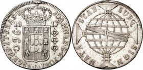 Brasil. 1817. Juan, Príncipe regente. R (Río). 960 reis. (Kr. 307.3). Acuñada sobre 8 reales españoles. Ex Áureo 04/07/2000, nº 2787 como Bahía. AG. 2...