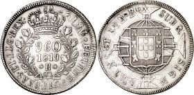 Brasil. 1819. Juan VI. R (Río). 960 reis. (Kr. 326.1). Acuñada sobre 8 reales de 1812. Ex Áureo 07/03/2001, nº 3682 (como lote). AG. 26,53 g. MBC.