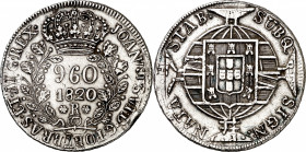 Brasil. 1820. Juan VI. R (Río). 960 reis. (Kr. 326.1). Acuñada sobre 8 reales de Potosí PJ (1808-1820). Golpecito en canto. Ex Áureo 28/04/2004, nº 34...