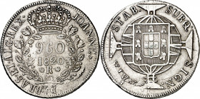 Brasil. 1820. Juan VI. R (Río). 960 reis. (Kr. 326.1). Acuñada sobre 8 reales de Potosí PJ (1808-1820). Ex Áureo 28/05/2003, nº 4520. AG. 26,81 g. MBC...