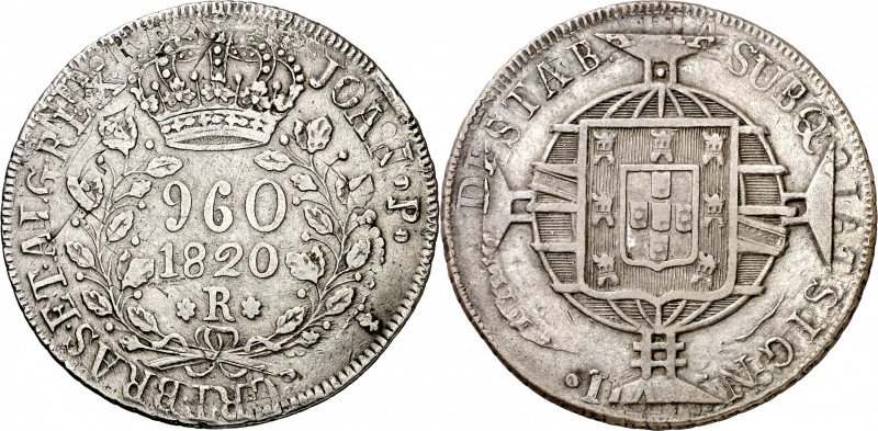 Brasil. 1820. Juan VI. R (Río). 960 reis. (Kr. 326.1). Acuñada sobre 8 reales de...