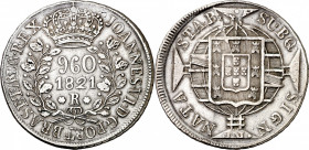 Brasil. 1821. Juan VI. R (Río). 960 reis. (Kr. 326.1) Acuñada sobre 8 reales de 1811 de Lima JP. Ex Áureo 28/05/2003, nº 4522. AG. 27,33 g. MBC+/EBC-....