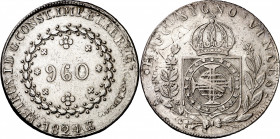 Brasil. 1824. Juan VI. R (Río). 960 reis. (Kr. 368.1). Acuñada sobre 8 reales de 1821 de Lima JP. Ex Áureo 28/05/2003, nº 4524. AG. 26,94 g. MBC+.
