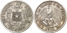 Chile. 1870. 1 peso. (Kr. 142.1). Golpecitos. AG. 25 g. MBC+.