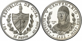 Cuba. 1990. 10 pesos. (Kr. 264). V Centenario-Isabel la Católica. Acuñación de 5000 ejemplares. AG. 31,02 g. Proof.