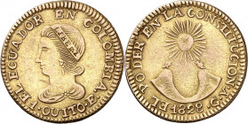 Ecuador. 1828. Quito. GY. 1 escudo. Falsa de época. Rayita. Muy curiosa. AU. 2,46 g. MBC+.