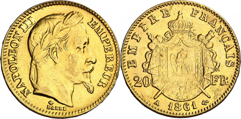 Francia. 1861. Napoleón III. A (París). 20 francos. (Fr. 584). Sirvió como joya....