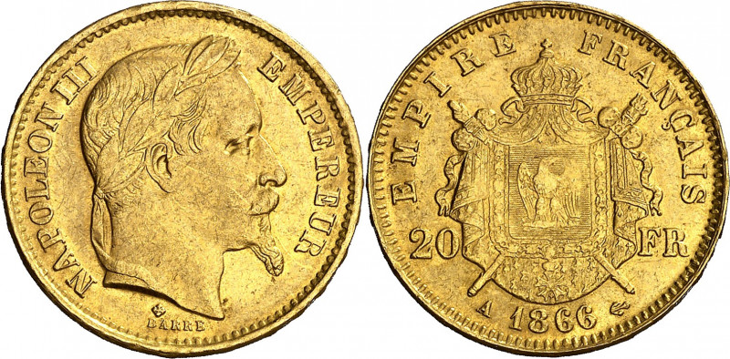 Francia. 1866. Napoleón III. A (París). 20 francos. (Fr. 585). AU. 6,46 g. MBC....