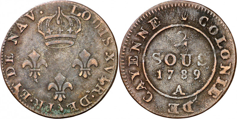 Guayana francesa. 1789. Luis XVI. Cayenne. 2 sous. (Kr. 1). Vellón. 1,52 g. MBC....