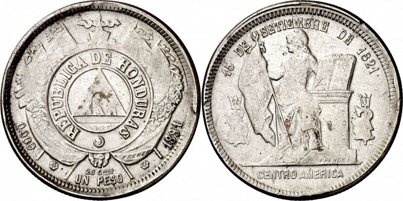 Honduras. 1891/88. 1 peso. (Kr. 52). AG. 25,15 g. MBC+/MBC.