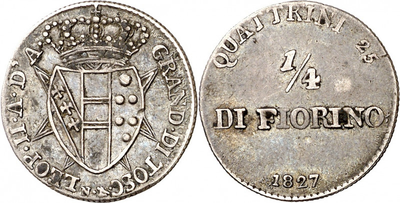 Italia. Toscana. 1827. Leopoldo II. 1/4 florín. (Kr. falta) (Montenegro 362). Ra...