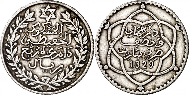 Marruecos. AH 1329 (1911). Abd al-Hafiz. 1/4 rial. (Kr. 23). AG. 6,24 g. MBC+.