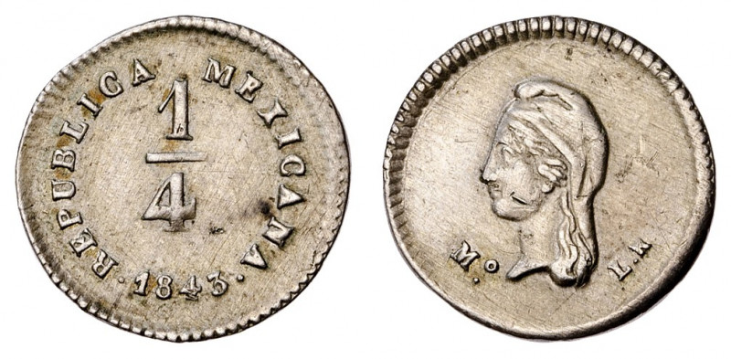 México. 1843. México. LR. 1/4 de real. (Kr. 368.6). AG. 0,92 g. MBC+.