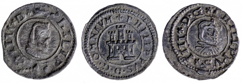 1598, 1662 y 1663. Coruña (dos) y Segovia. 2 y 8 (dos) maravedís. Lote de 3 mone...