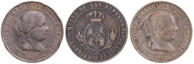 1866, 1867 y 1868. Isabel II. Segovia. OM. 5 céntimos de escudo. Lote de 3 monedas. A examinar. MBC-.