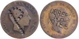 Alfonso XII. 10 céntimos. Lote de 2 monedas con contramarca: OBRERO NO VOTES y P (en puntitos). A examinar. BC.