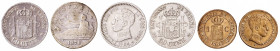 1870 a 1904. 1 (dos) y 50 céntimos (cuatro). Lote de 6 monedas. A examinar. BC/MBC.