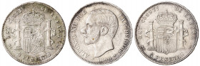 1878, 1885 y 1897. 5 pesetas. Lote de 3 monedas falsas de época. A examinar. MBC-/MBC.