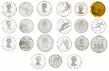Canadá. 1973 a 1987. Isabel II. 1 (dos), 5 (siete), 10 (dos) y 20 (diez) dólares. Lote de 21 monedas, casi todas de temática Olímpica. Incluye los cer...