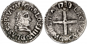 1789. Carlos IV. Almería. Proclamación. (Ha. 6) (V.Q. 13068). Perforación reparada. Muy rara. Plata fundida. 2,56 g. Ø23 mm. (MBC-).