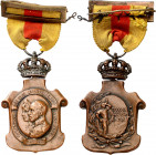 1925. Alfonso XIII y Victoria Eugenia. Homenaje de los Ayuntamientos a SS. MM. Medalla. (Pérez Guerra 838). Orla ovalada, con corona, pasador y cinta....