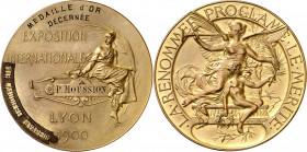 Francia. 1900. Exposition Internationale Lyon. Con dedicatoria. En el canto: "Bronze". Firmado: Henri Naudé. Bronce. 146,01 g. Ø68 mm. EBC+.