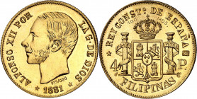 1881. Alfonso XII. Manila. 4 pesos. Reproducción. Acuñación de 100 ejemplares, éste es el nº 28. Oro. 6,48 g. (S/C).