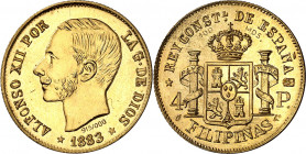 1883. Alfonso XII. Manila. 4 pesos. Reproducción, de fecha inexistente. Acuñación de 100 ejemplares, éste es el nº 28. Oro. 6,37 g. (S/C).