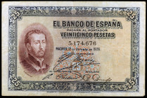 1926. 25 pesetas. (Ed. B118) (Ed. 335). 12 de octubre, Francisco Javier. Sello en seco del GOBIERNO PROVISIONAL. Raro. BC+.