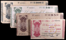 1936. Bilbao. 5 (once), 25 (trece), 50 (diez) y 100 pesetas (diecisiete). 51 billetes, antefirmas variadas. MC/BC+.
