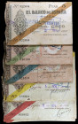 1936. Gijón. 5 (cinco), 10 (siete), 25 (ocho), 50 (siete) y 100 pesetas (ocho). 35 billetes. Escasos. MC/MBC.