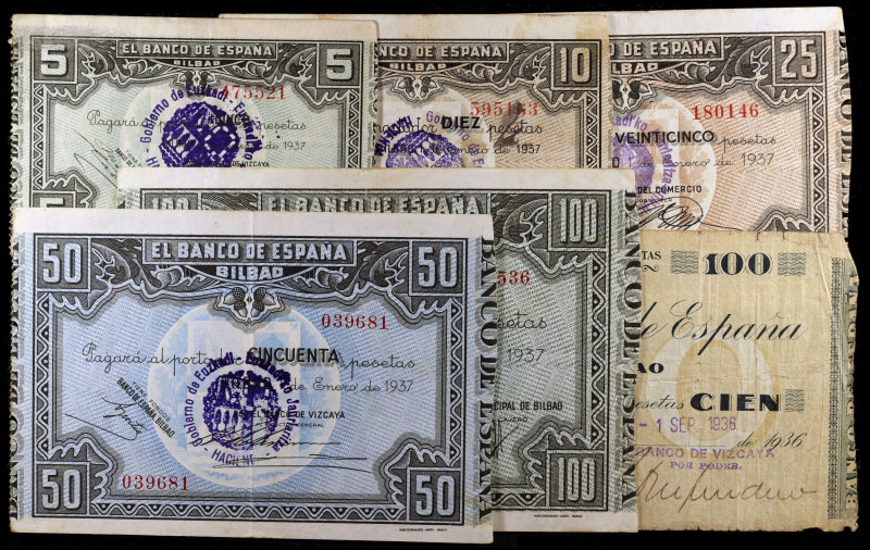 1936 y 1937. Bilbao. 5, 10, 25, 50 y 100 pesetas (dos). 6 billetes con el tampón...