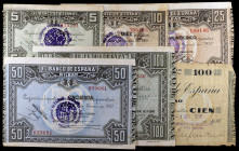 1936 y 1937. Bilbao. 5, 10, 25, 50 y 100 pesetas (dos). 6 billetes con el tampón GOBIERNO DE EUZKADI-HACIENDA-EUZKADL'KO JAURLARLTZA. Raros. BC/MBC+.