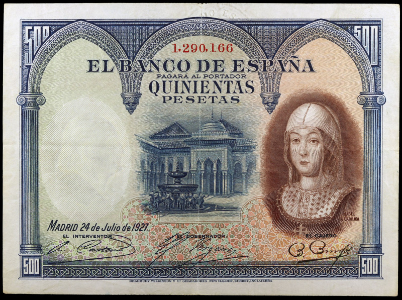 1927. 500 pesetas. (Ed. D14) (Ed. 413). 24 de julio, Isabel la Católica. Sello e...