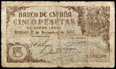 1936. Burgos. 5 pesetas. (Ed. D18) (Ed. 417). 21 de noviembre. Raro. BC.