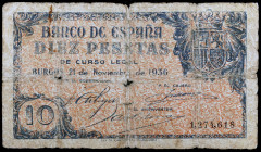 1936. Burgos. 5 pesetas. (Ed. D19) (Ed. 418). 21 de noviembre. Roturas. Raro. BC-.