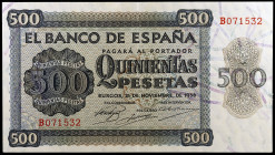 1936. Burgos. 500 pesetas. (Ed. D23) (Ed. 422). 21 de noviembre. Serie B. Raro. MBC+.