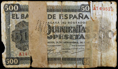 1936. Burgos. 500 pesetas. Falso de época. INUTILIZADO en taladros. Reparaciones. Raro. (MC).