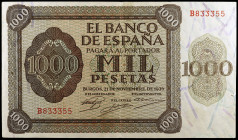 1936. Burgos. 1000 pesetas. (Ed. D24) (Ed. 423). 21 de noviembre. Serie B. Raro. MBC.