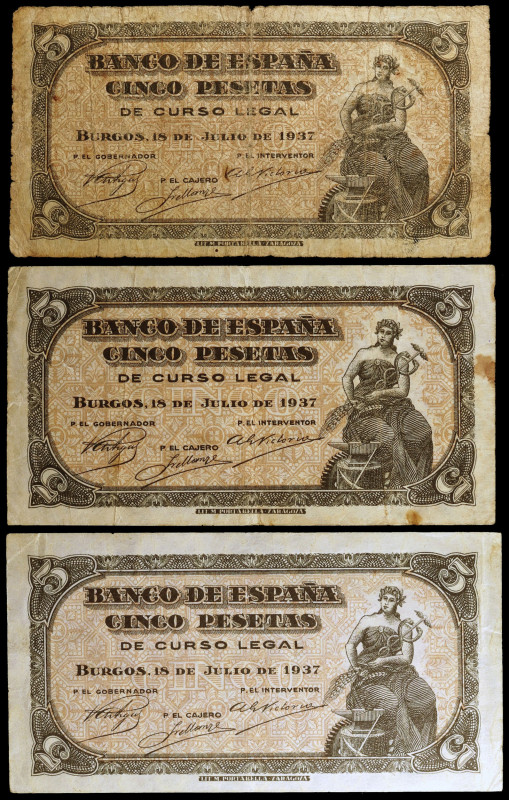 1937. Burgos. 5 pesetas. (Ed. D25a) (Ed. 424a). 3 billetes, series B y C (dos). ...