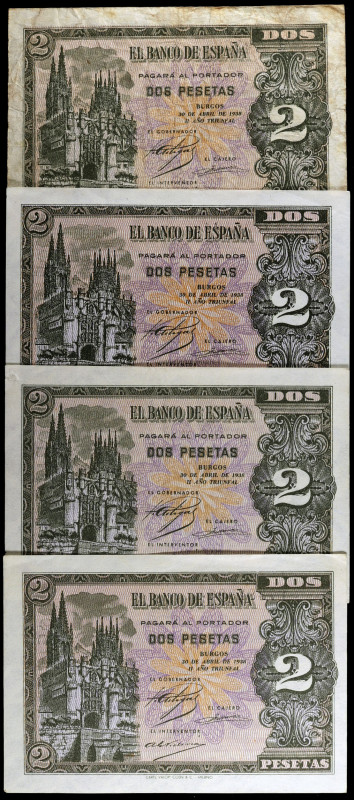 1938. Burgos. 2 pesetas. (Ed. D30a) (Ed. 429a). 30 de abril. 4 billetes, series ...