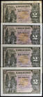 1938. Burgos. 2 pesetas. (Ed. D30a) (Ed. 429a). 30 de abril. 4 billetes, series H, I, L y M. BC+/MBC+.