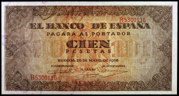 1938. Burgos. 100 pesetas. (Ed. D33a) (Ed. 432a). 20 de mayo. Serie H. Leve doblez. Pleno apresto. Escaso. EBC-.