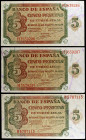1938. Burgos. 5 pesetas. (Ed. D36a) (Ed. 435a). 3 billetes, series B y H (pareja correlativa). MBC+/EBC.